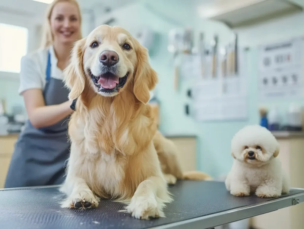 Deux chiens sur une table de toilettage : un Golden Retriever souriant au premier plan et un petit chien blanc au pelage duveteux à côté de lui. En arrière-plan, une toiletteuse en tablier s’occupe du toilettage dans un salon professionnel.