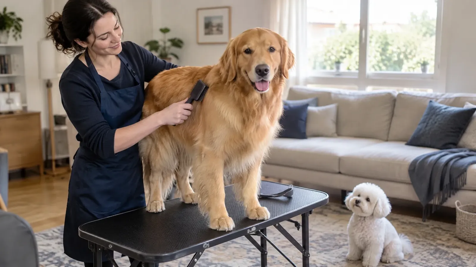 Toiletteuse brossant un golden retriever sur une table de toilettage à domicile