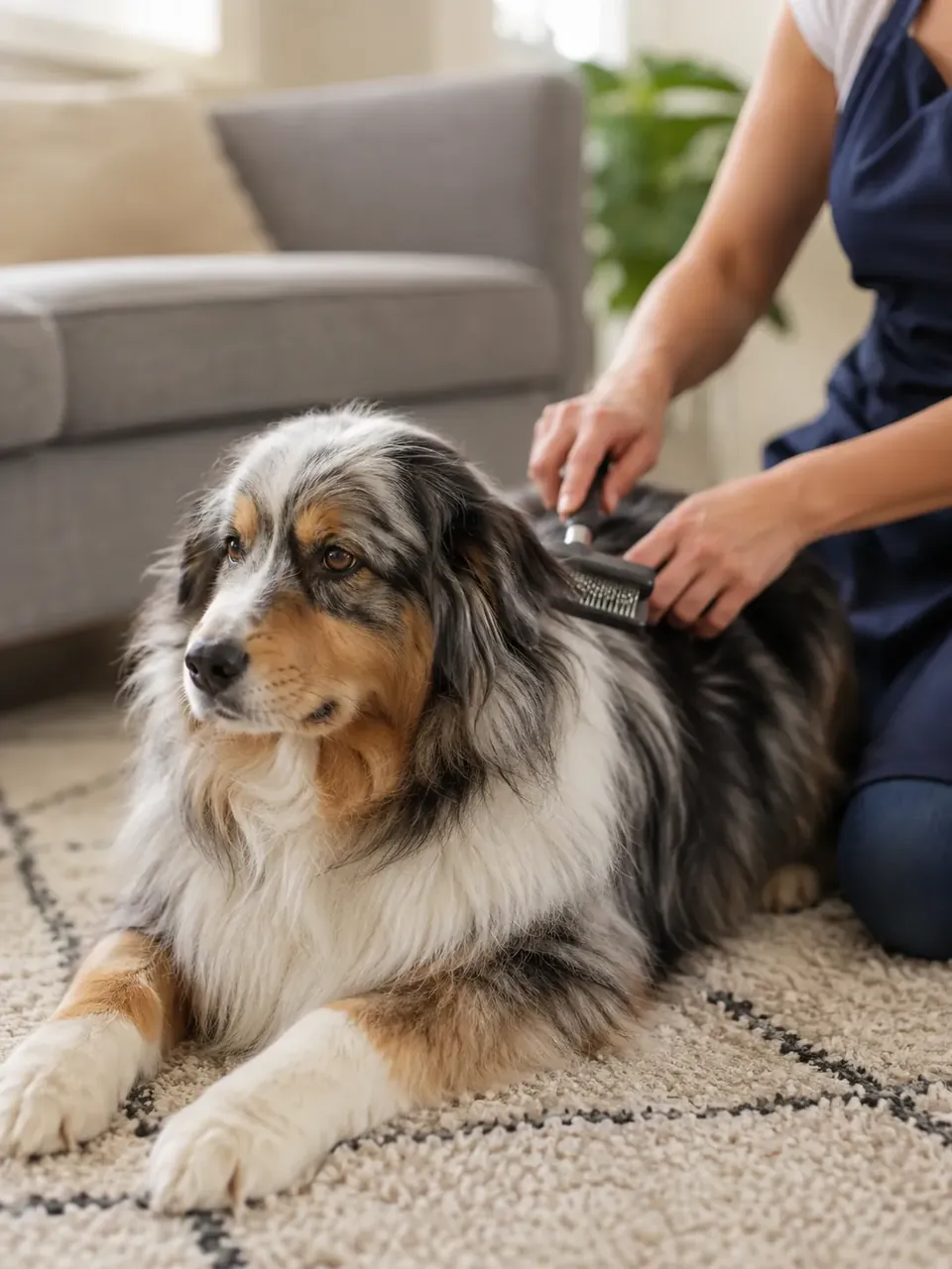 Chien brossé sur le tapis de son salon par une toiletteuse à domicile