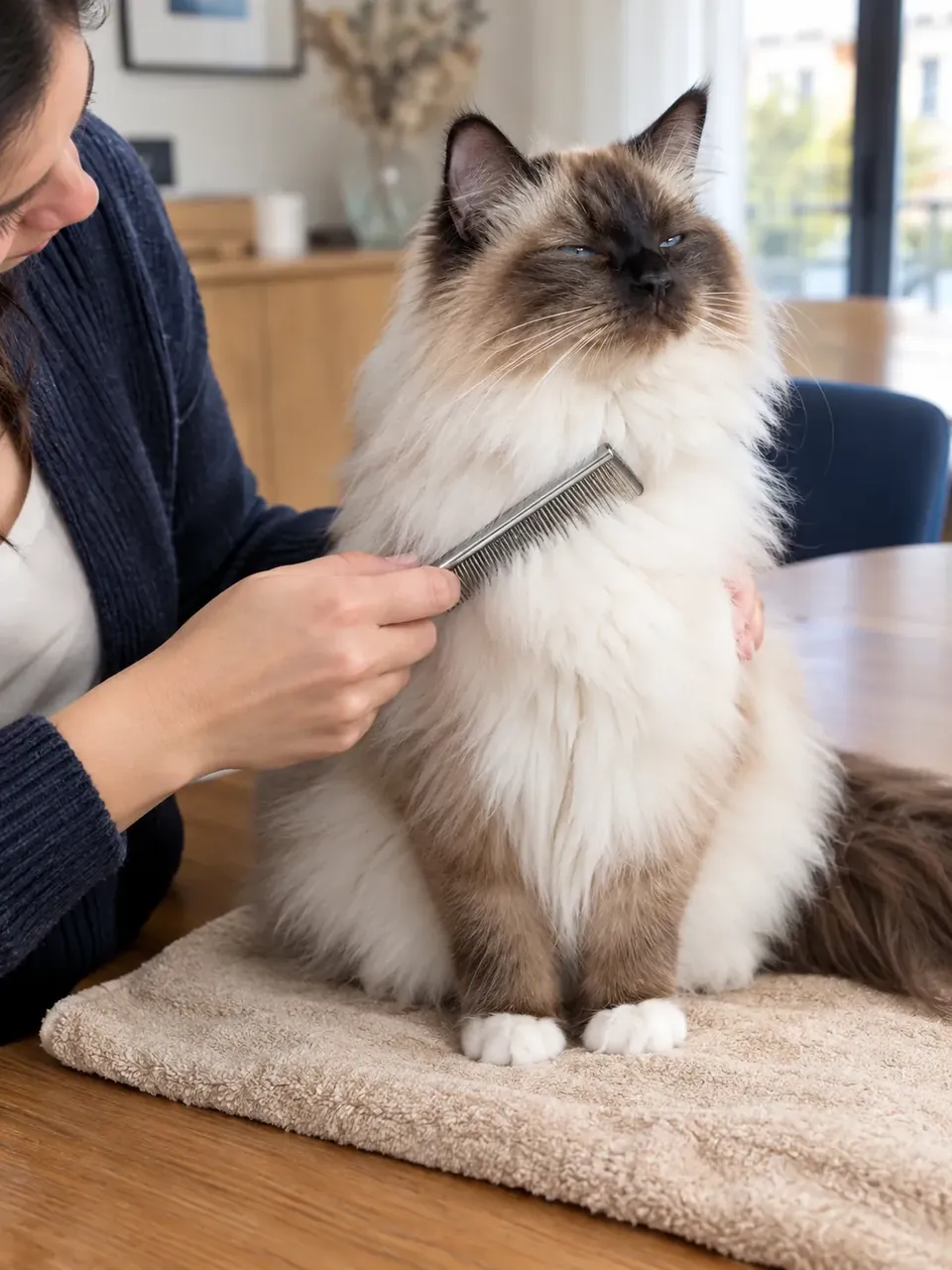 Chat à poil long peigné chez lui par une toiletteuse à domicile
