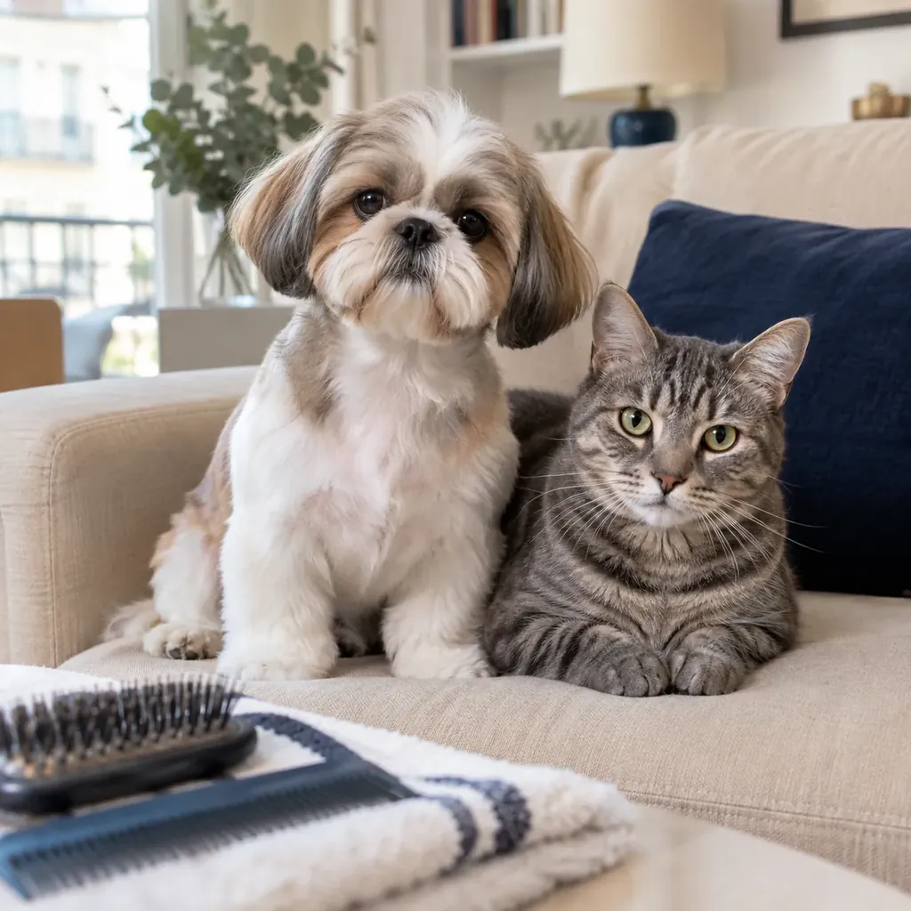 Shih tzu fraîchement toiletté et chat assis côte à côte dans un salon