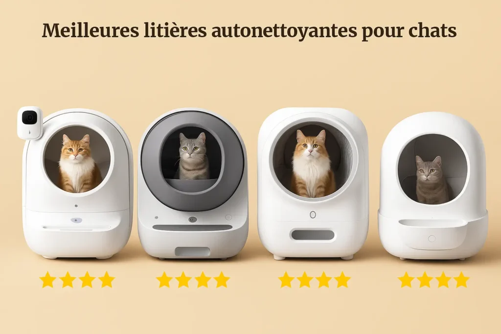 Quatre litières autonettoyantes design alignées, chacune occupée par un chat, avec notation cinq étoiles - comparatif MistyMeow.