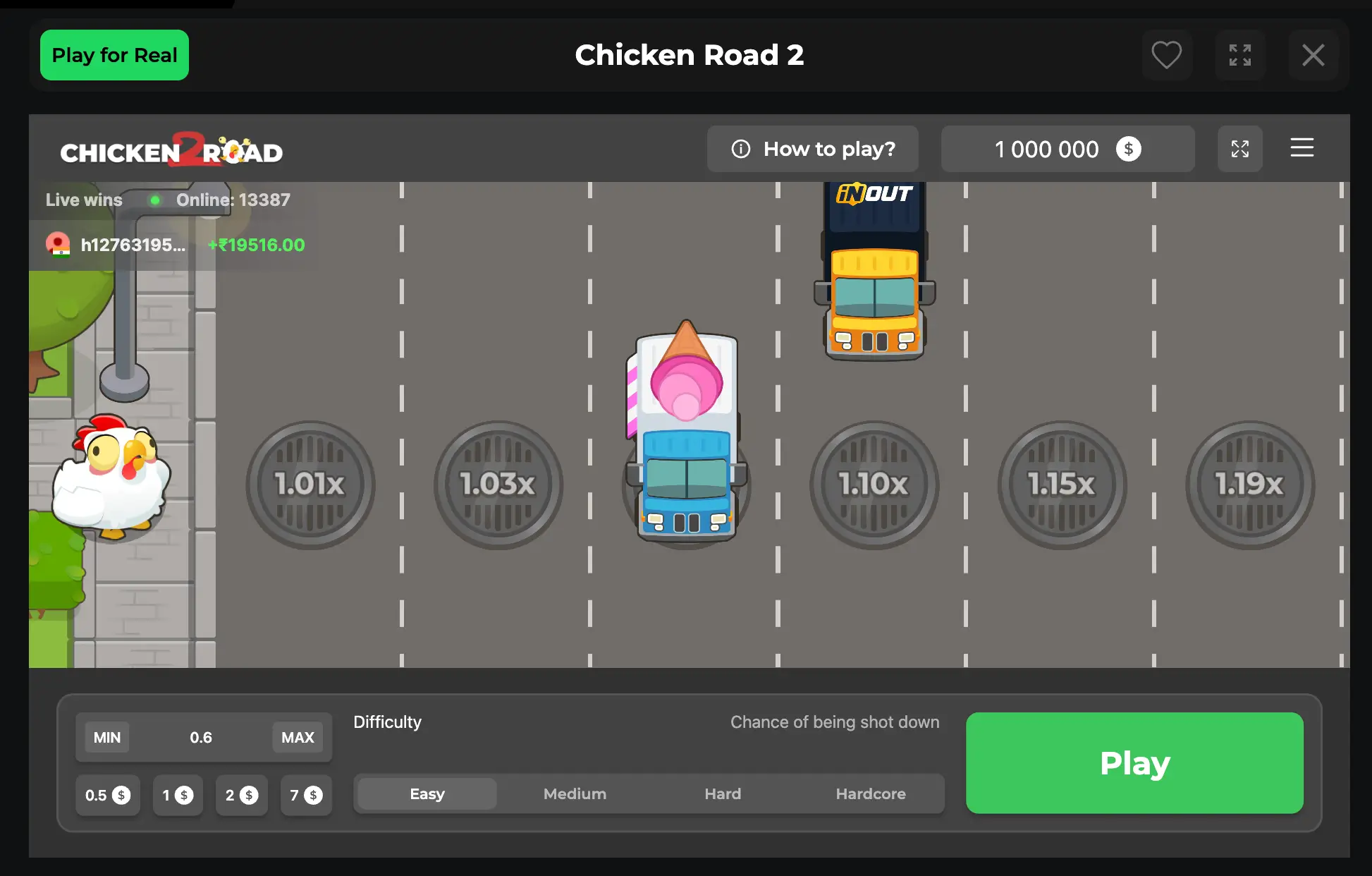 Interface du mini-jeu Chicken Road 2 avec une poule prête à traverser plusieurs voies affichant des multiplicateurs de gains.