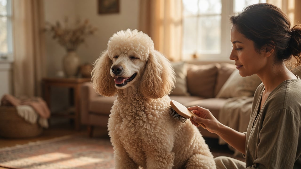 Toilettage à domicile : un caniche brossé en douceur dans son salon
