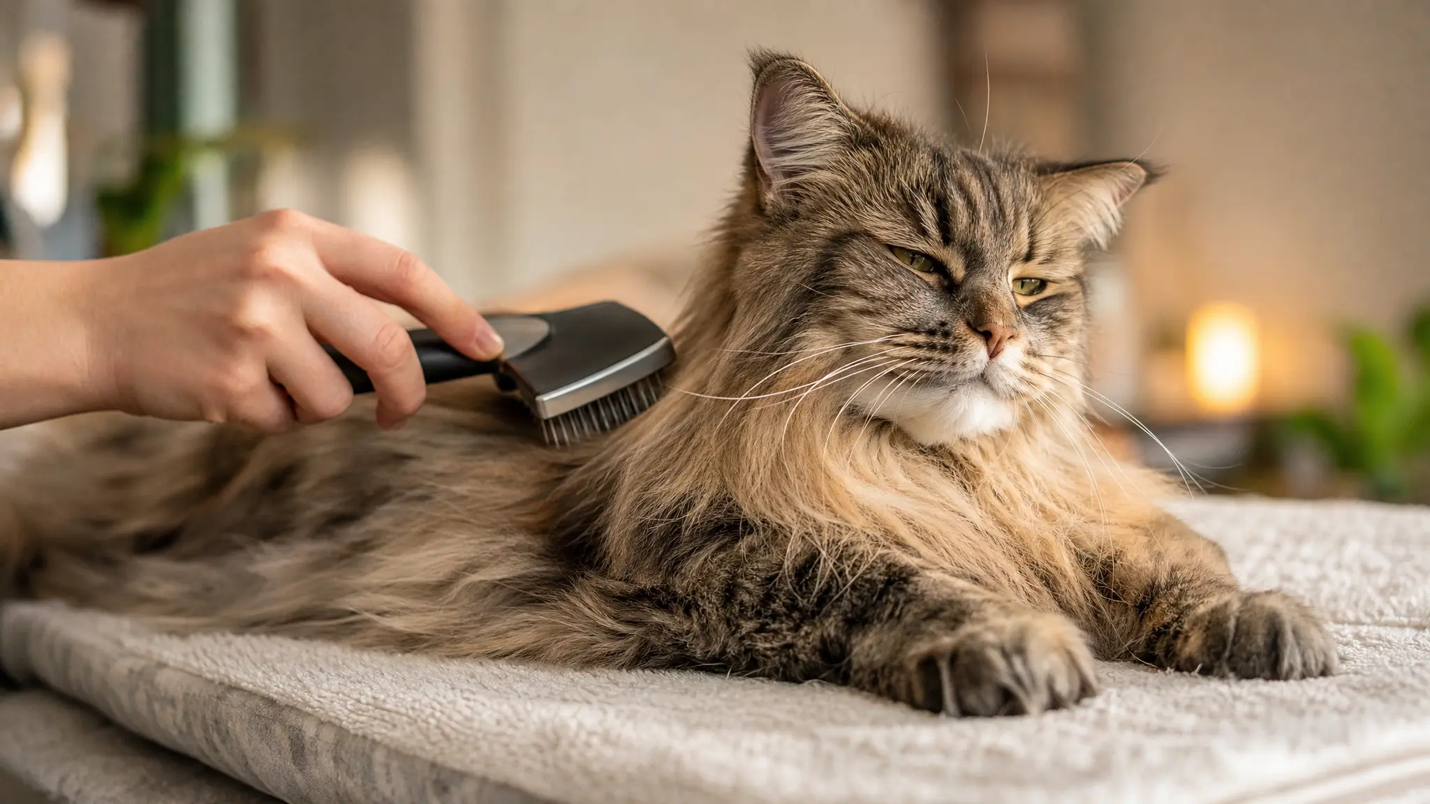 Chat à poil long brossé délicatement pour démêler les nœuds sans douleur