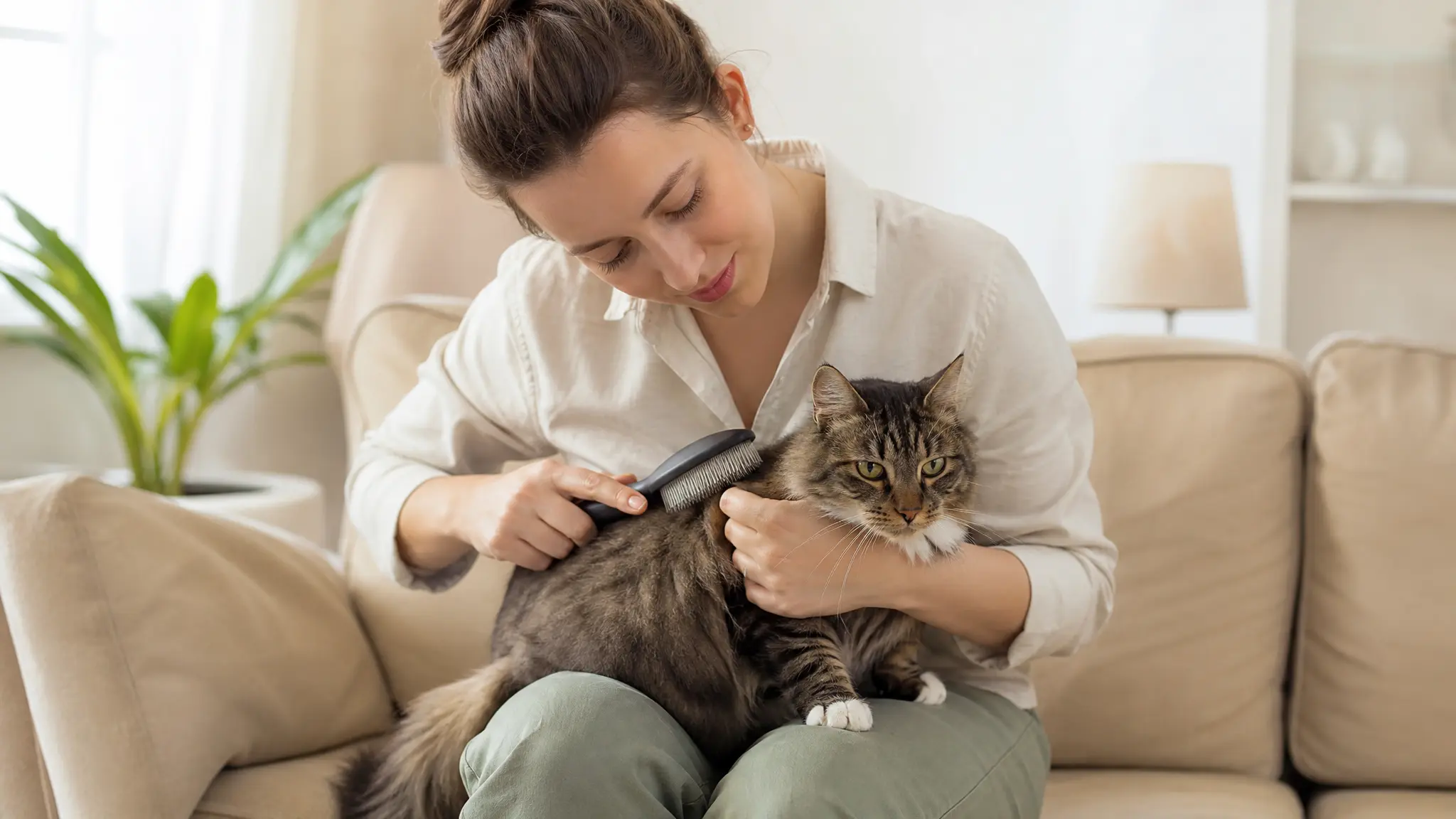 Personne toilettant doucement son chat à la maison