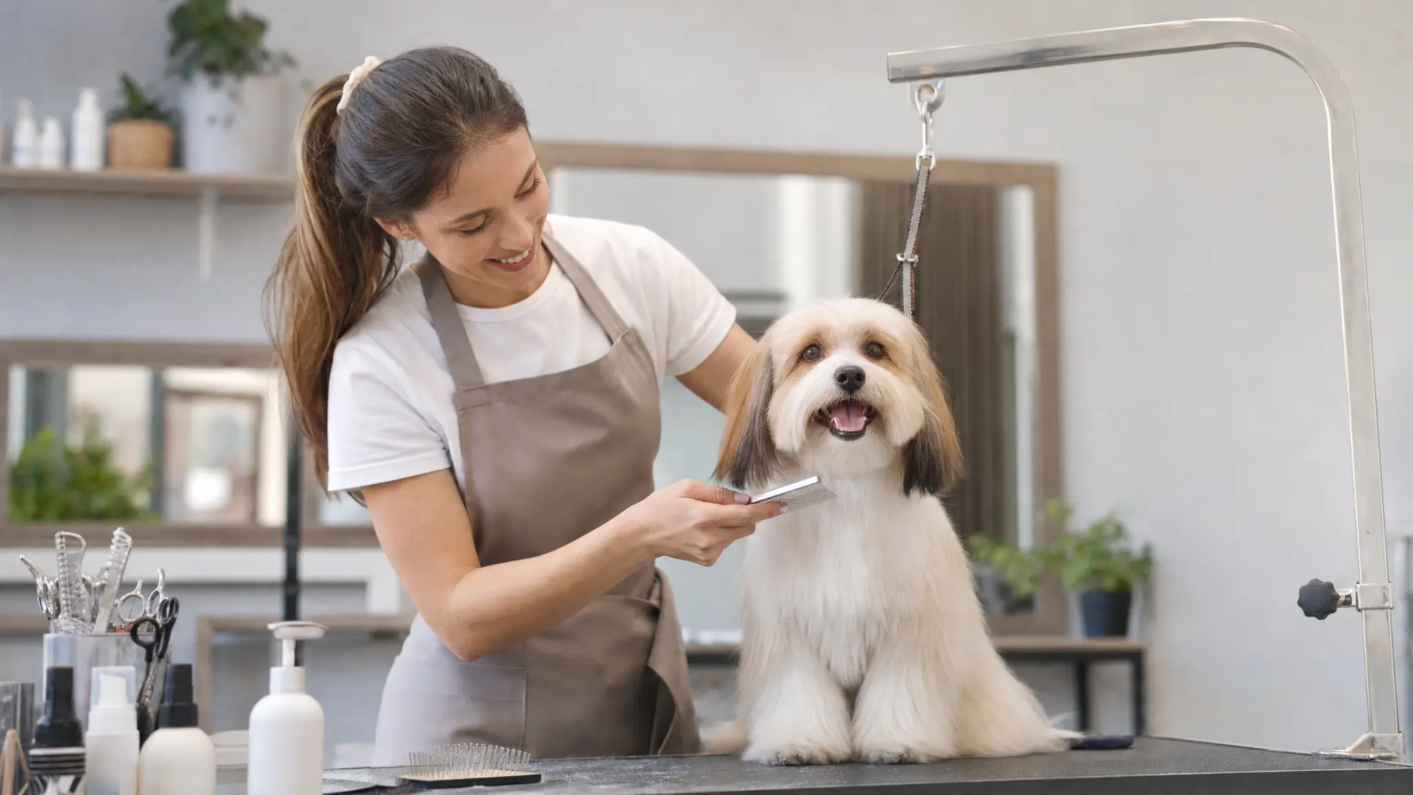 Toiletteuse professionnelle toilettant un chien sur une table de toilettage