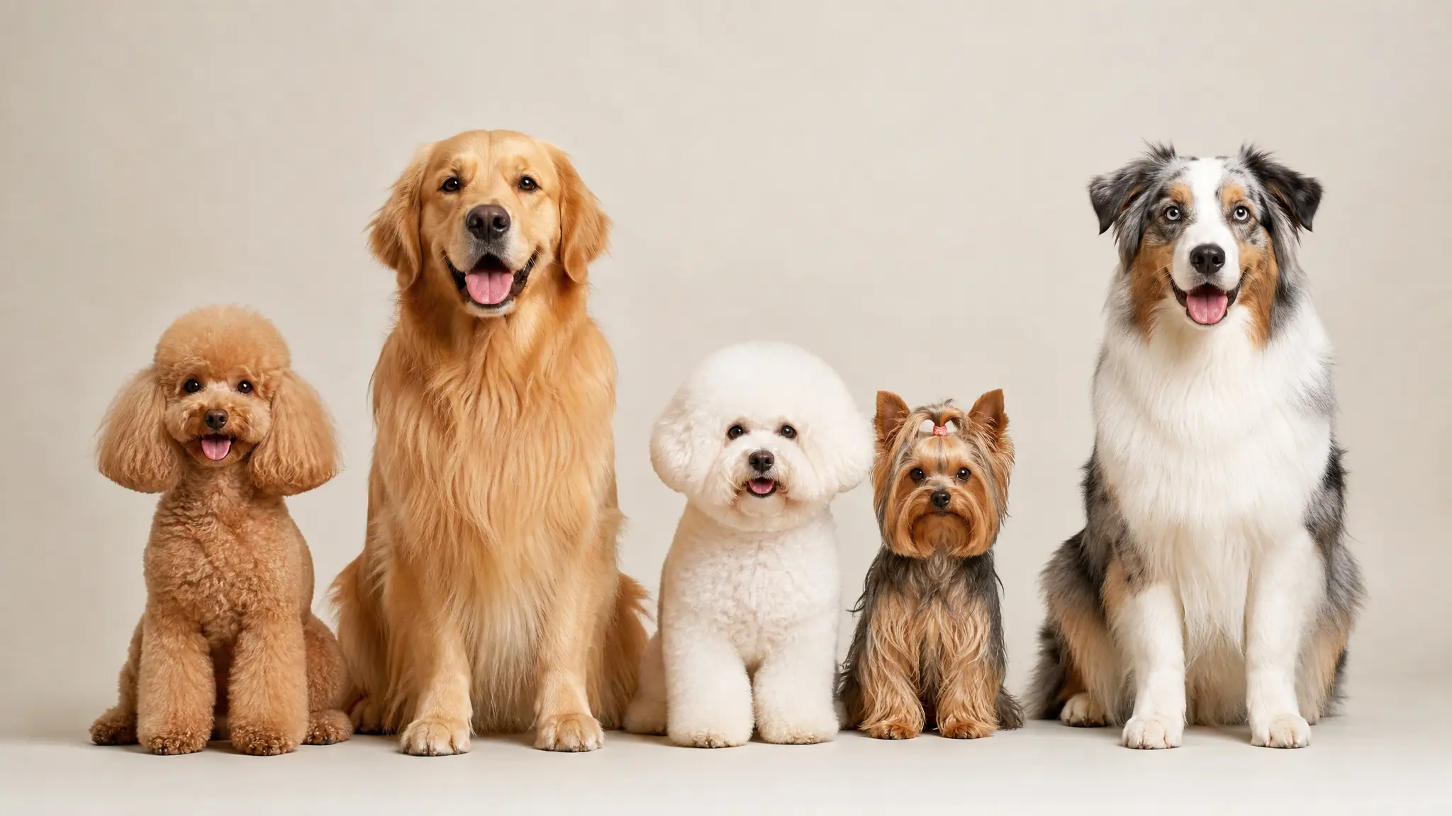 Plusieurs chiens de races différentes toilettés et soignés