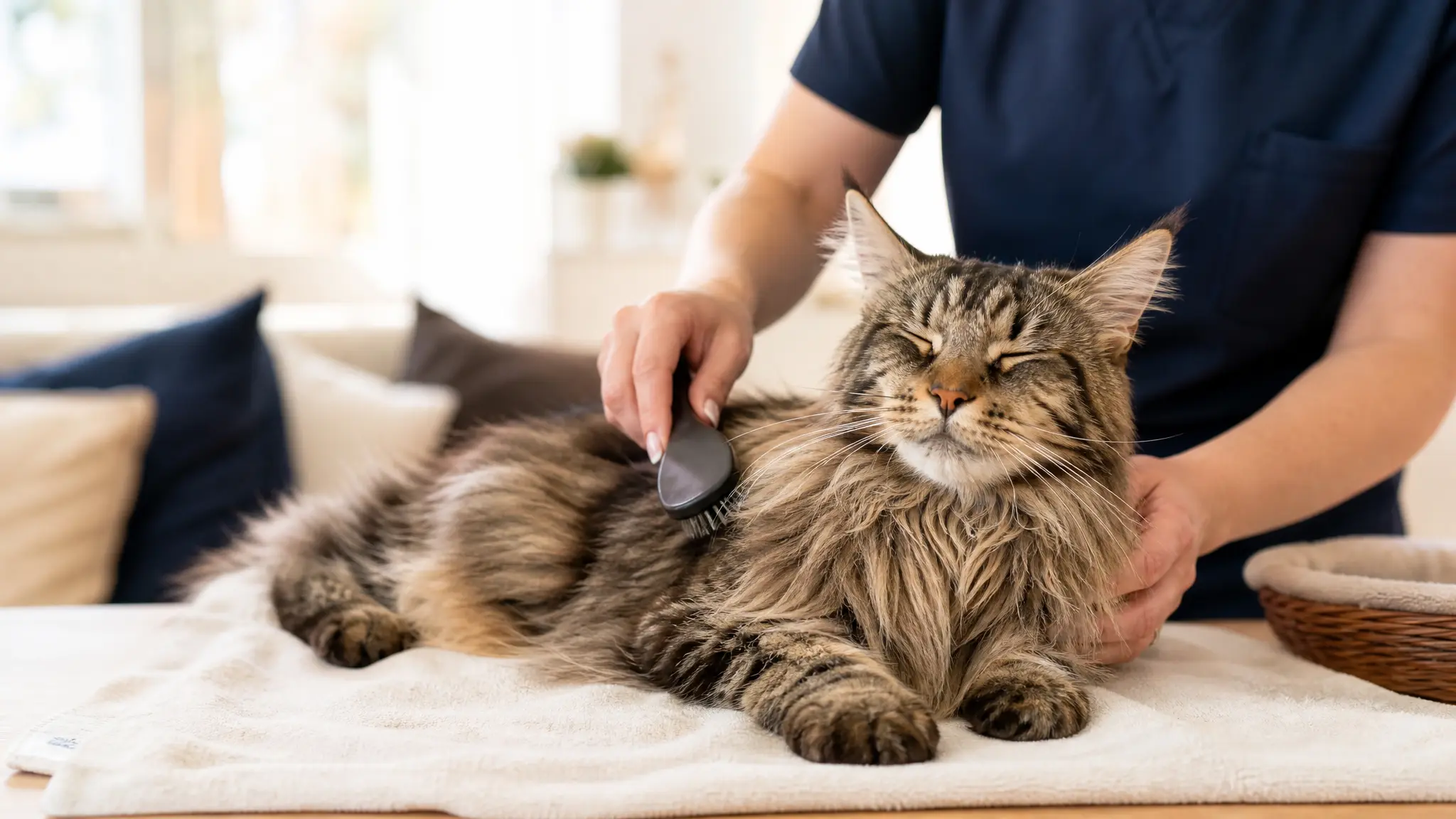 Toiletteuse brossant un chat maine coon à poil long à domicile