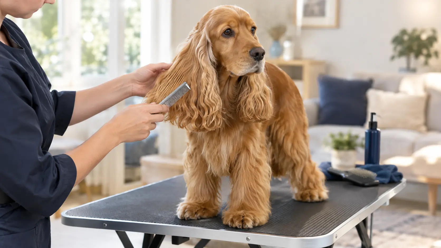 Toiletteuse peignant les oreilles d'un cocker anglais à domicile